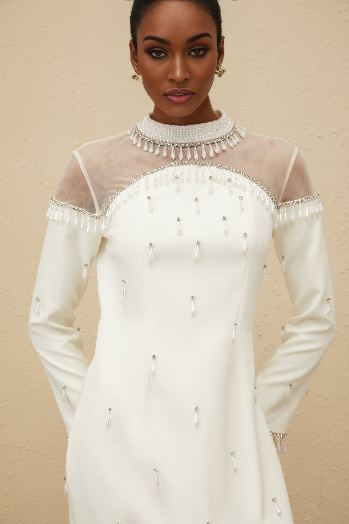 Eliza Gown - Mock Neck - Faux - Pearl & Rhinestone Embellishment - Cinched Waist - Tulle Panelling - Rear Slit