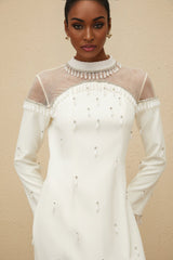 Eliza Gown - Mock Neck - Faux - Pearl & Rhinestone Embellishment - Cinched Waist - Tulle Panelling - Rear Slit