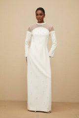 Eliza Gown - Mock Neck - Faux - Pearl & Rhinestone Embellishment - Cinched Waist - Tulle Panelling - Rear Slit