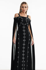 Elizabeth Black Rhinestone Detail Off-Shoulder Dress