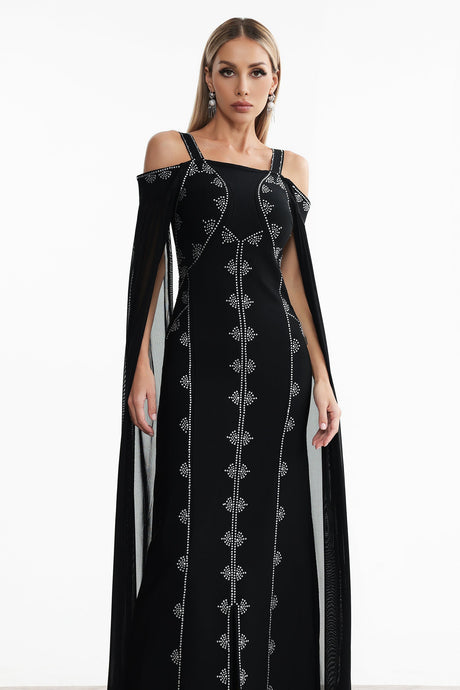 Elizabeth Black Rhinestone Detail Off-Shoulder Dress