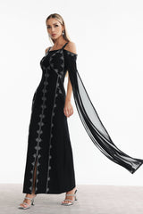 Elizabeth Black Rhinestone Detail Off-Shoulder Dress