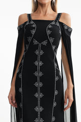 Elizabeth Black Rhinestone Detail Off-Shoulder Evening Dress