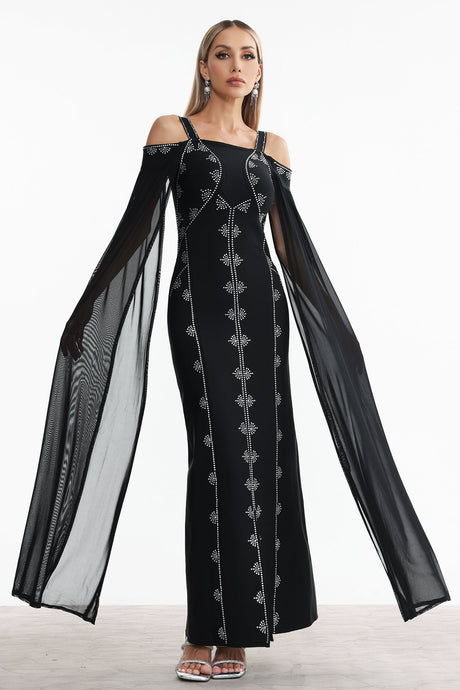 Elizabeth Black Rhinestone Detailing Off-Shoulder Dress