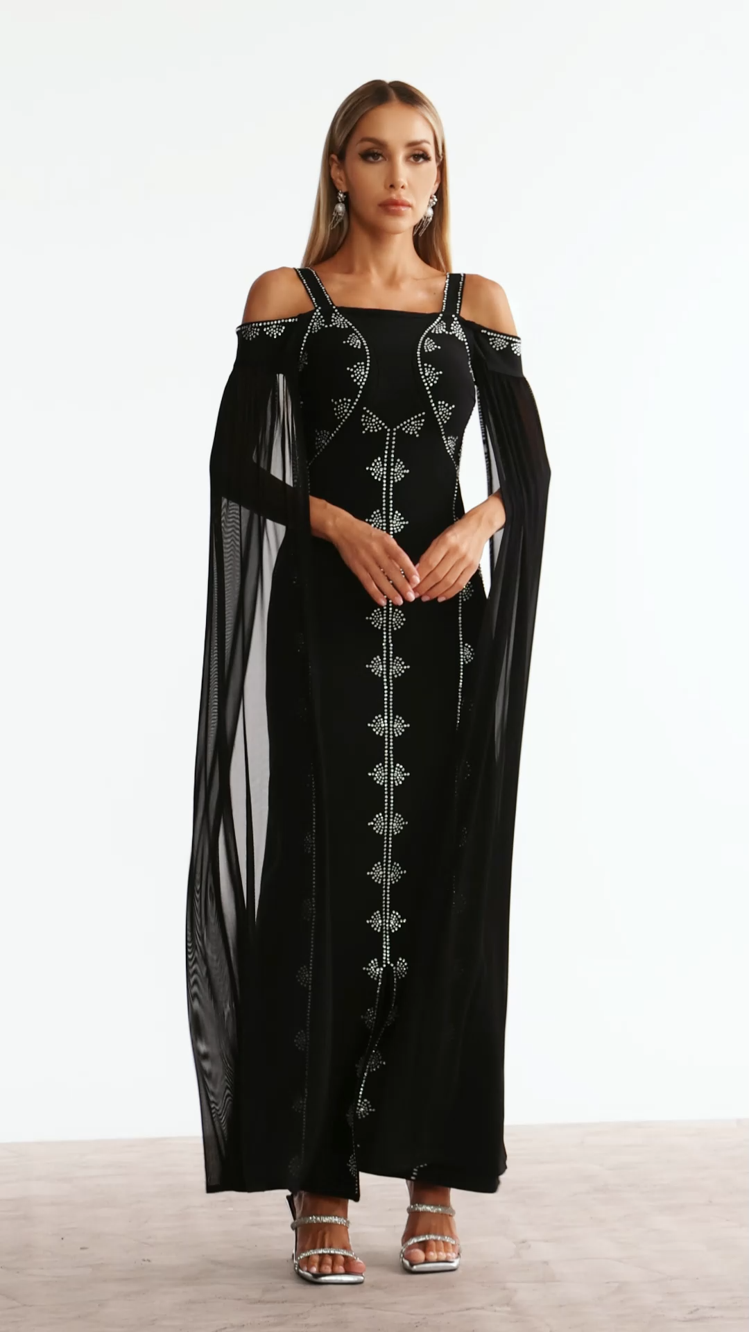 Elizabeth Black Rhinestone Off-Shoulder Dress