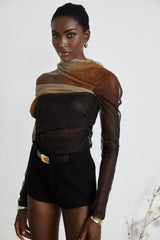 Elizabeth Bodysuit - Long Sleeves - High Neck - Pleats and Cut - Out Design - Gradient Effect