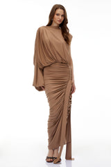 Elizabeth Camel Asymmetrical Draped Maxi Dress