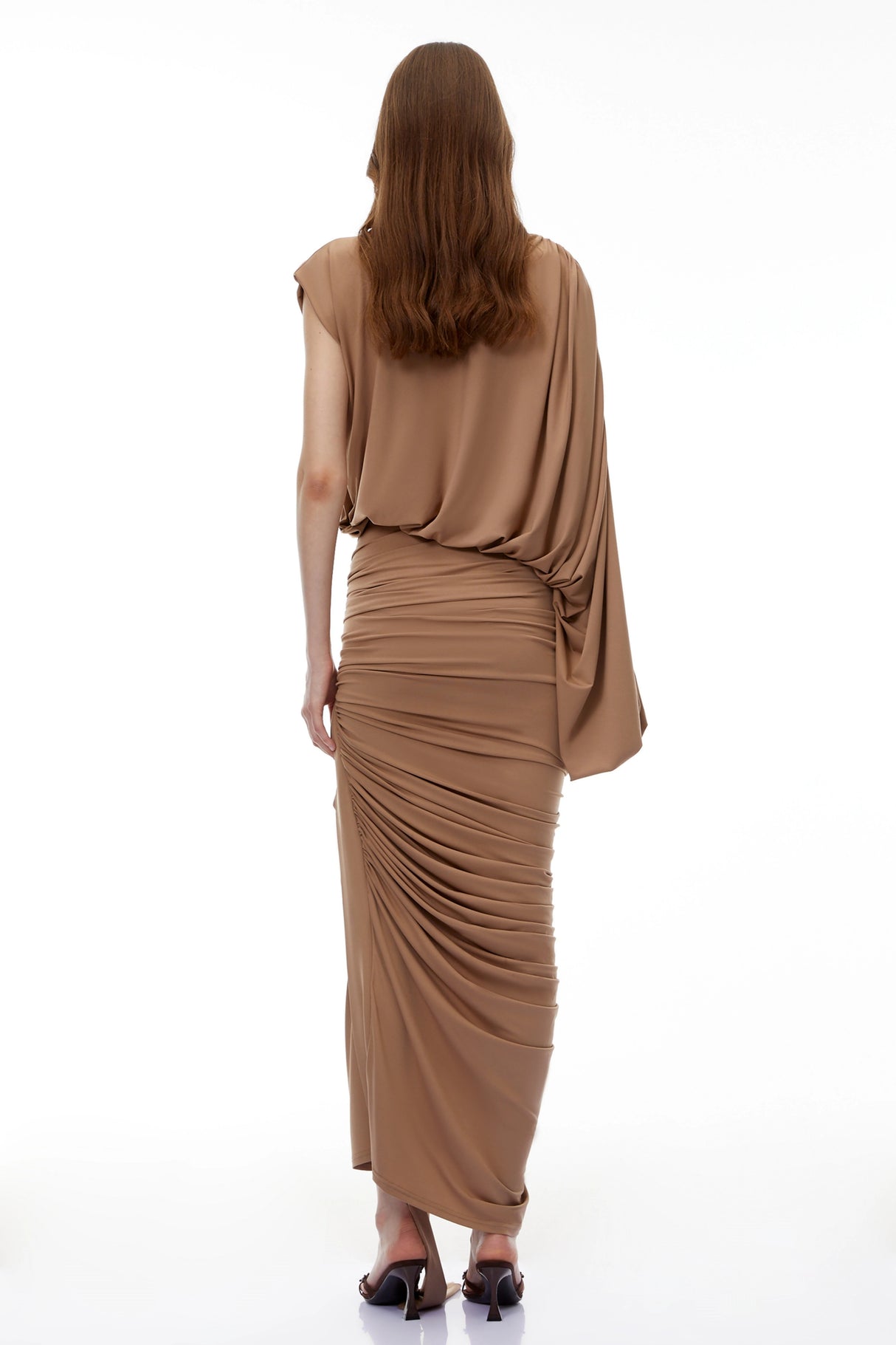Elizabeth Camel Asymmetrical Draped Maxi Dress
