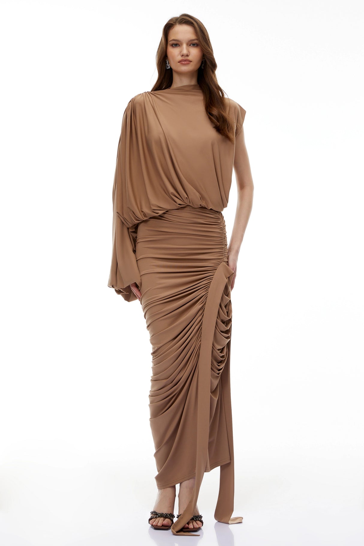 Elizabeth Camel Asymmetrical Draped Maxi Dress
