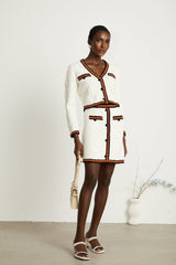 Elizabeth Cardigan & Skirt - V Neck - Long Sleeves - Knitted Construction - Contrasting Trim