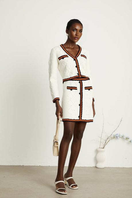 Elizabeth Cardigan & Skirt - V Neck - Long Sleeves - Knitted Construction - Contrasting Trim