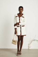 Elizabeth Cardigan & Skirt - V Neck - Long Sleeves - Knitted Construction - Contrasting Trim