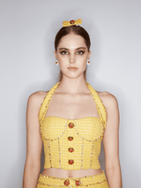 Elizabeth Crop Top – Halter Crop Design – Embellished Tweed Pattern – Decorative Gemstone Buttons – Structured Fit With Boning
