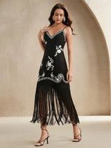 Elizabeth Midi Dress - Spaghetti Strap - Formal & Evening - Straight Hem - Natural Waist - Plants Print