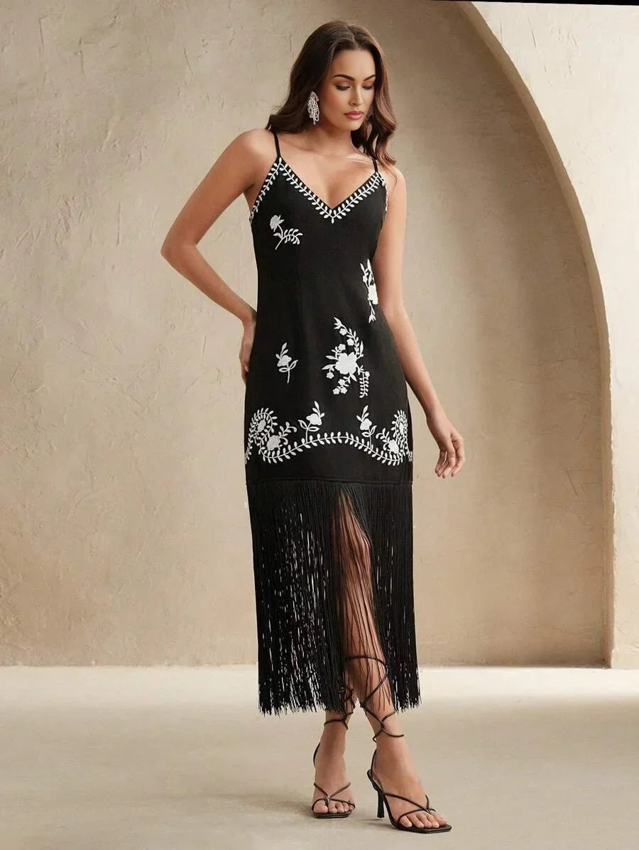 Elizabeth Midi Dress - Spaghetti Strap - Formal & Evening - Straight Hem - Natural Waist - Plants Print