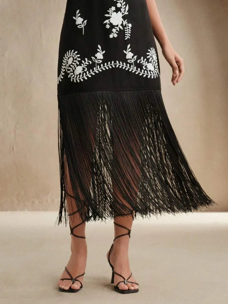 Elizabeth Midi Dress - Spaghetti Strap - Formal & Evening - Straight Hem - Natural Waist - Plants Print
