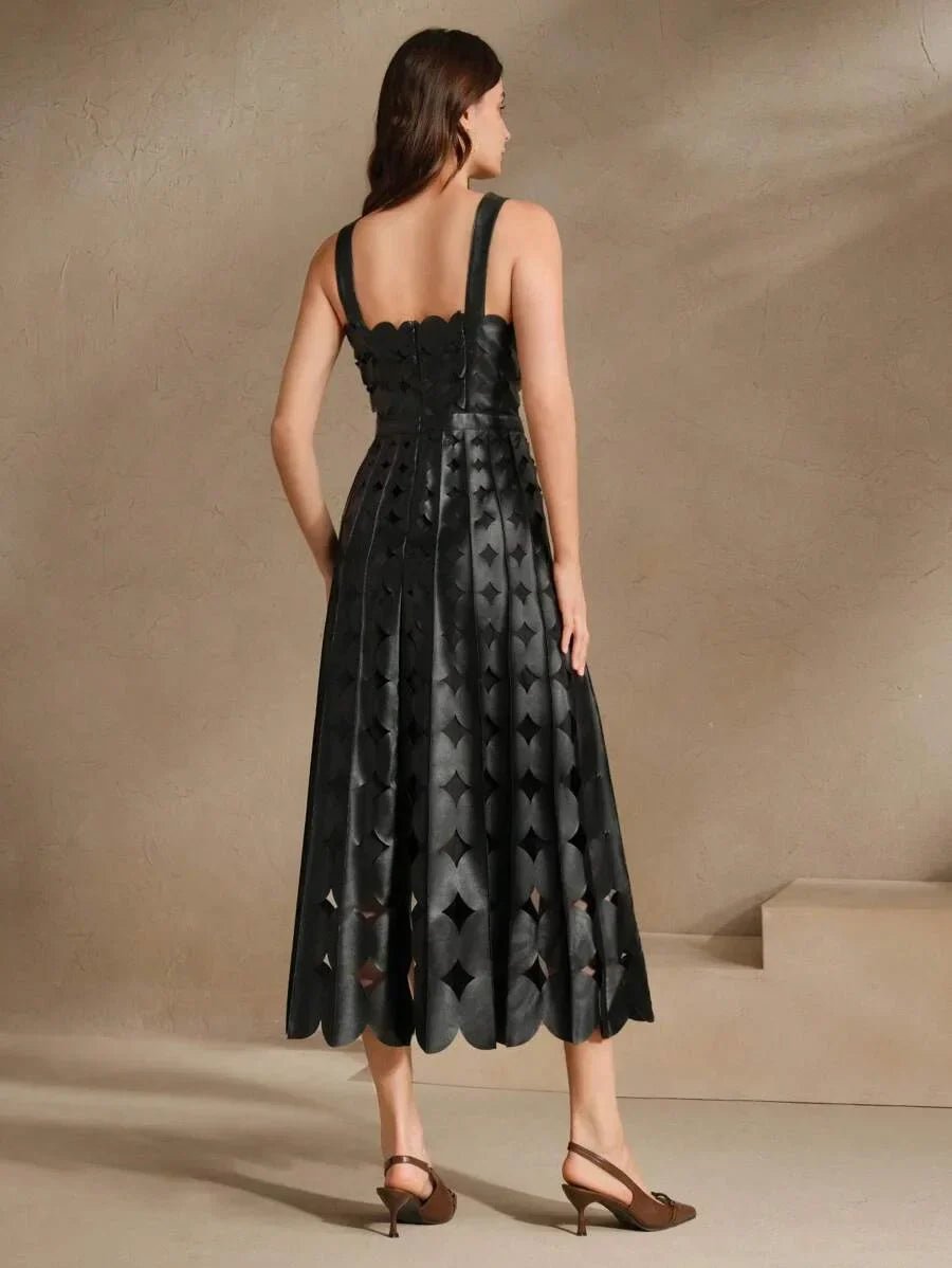 Elizabeth Midi Dress - Spaghetti Strap - Formal & Evening - Straight Hem - Natural Waist - Plants Print