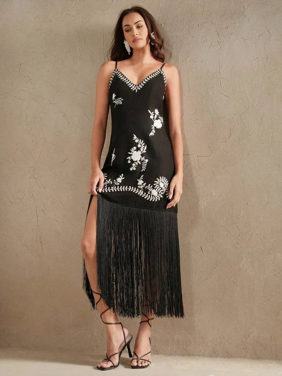 Elizabeth Midi Dress - Spaghetti Strap - Formal & Evening - Straight Hem - Natural Waist - Plants Print