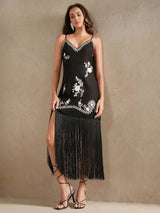 Elizabeth Midi Dress - Spaghetti Strap - Formal & Evening - Straight Hem - Natural Waist - Plants Print