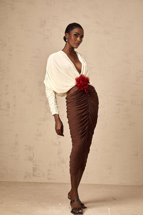 Elizabeth Midi Dress White Red Brown Color Blocked Flower Brooch Ruched
