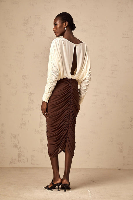 Elizabeth Midi Dress White Red Brown Color Blocked Flower Brooch Ruched
