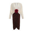 Elizabeth Midi Dress White Red Brown Color Blocked Flower Brooch Ruched