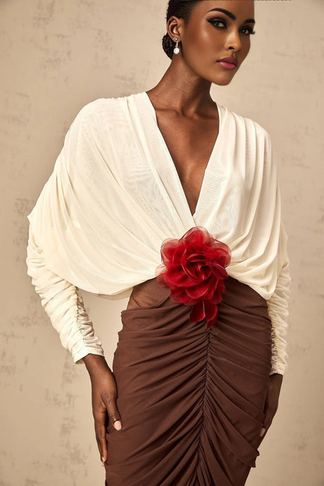 Elizabeth Midi Dress White Red Brown Color Blocked Flower Brooch Ruched