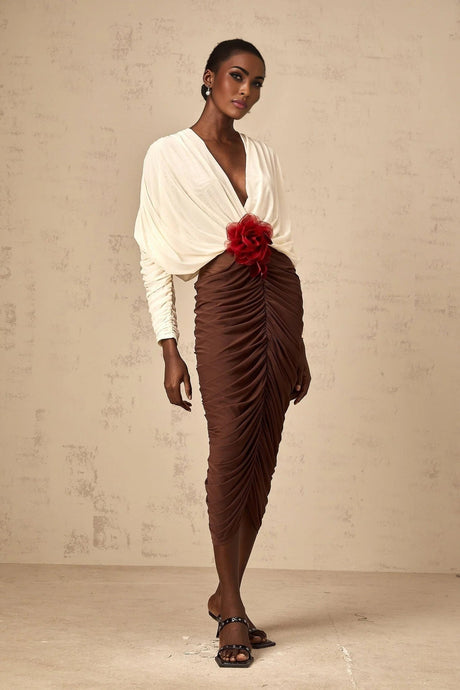 Elizabeth Midi Dress White Red Brown Color Blocked Flower Brooch Ruched