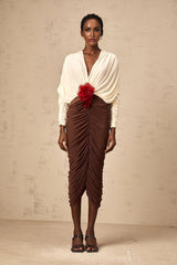 Elizabeth Midi Dress White Red Brown Color Blocked Flower Brooch Ruched