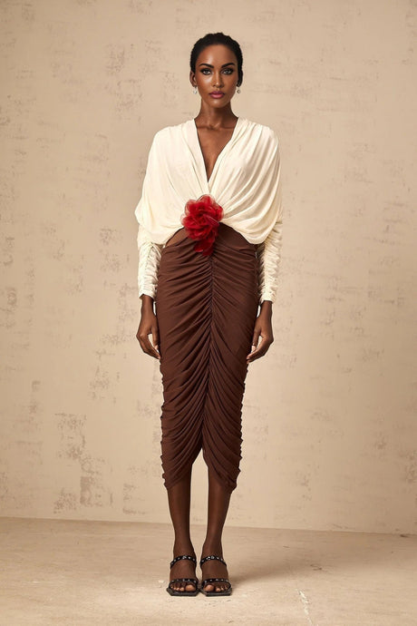 Elizabeth Midi Dress White Red Brown Color Blocked Flower Brooch Ruched