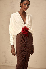 Elizabeth Midi Dress White Red Brown Color Blocked Flower Brooch Ruched