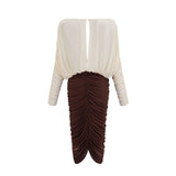 Elizabeth Midi Dress White Red Brown Color Blocked Flower Brooch Ruched