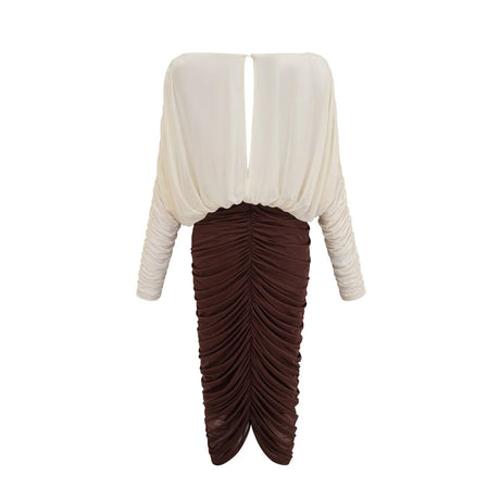 Elizabeth Midi Dress White Red Brown Color Blocked Flower Brooch Ruched