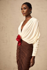 Elizabeth Midi Dress White Red Brown Color Blocked Flower Brooch Ruched