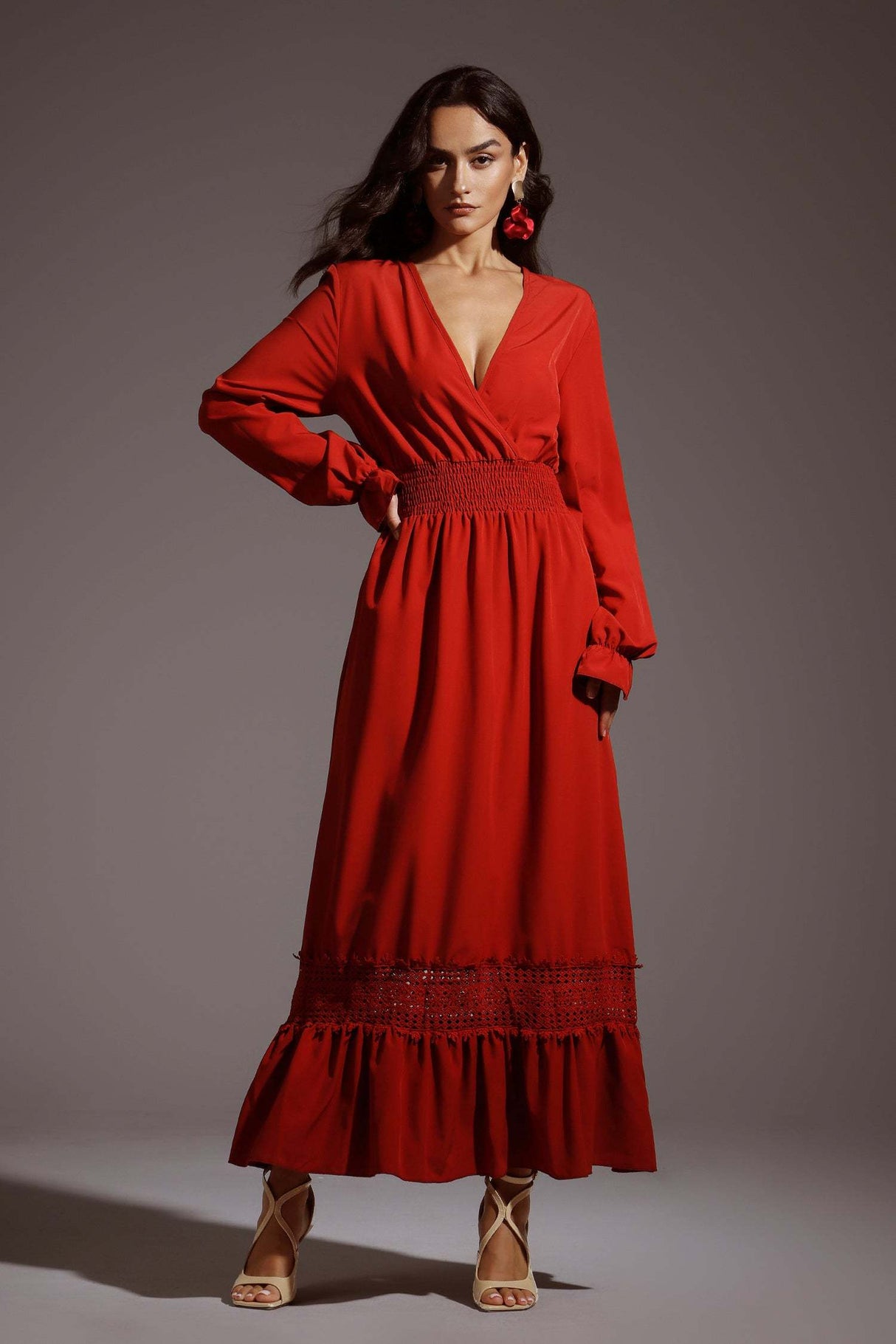 Elizabeth Red V-neckline Smocked Waist Long Sleeve Dress