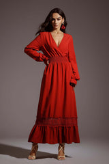 Elizabeth Red V-neckline Smocked Waist Long Sleeve Dress