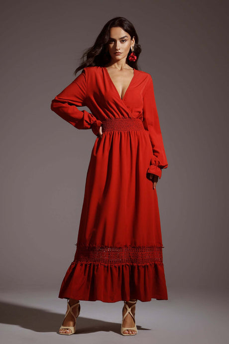 Elizabeth Red V-neckline Smocked Waist Long Sleeve Dress