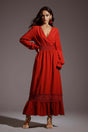 Elizabeth Red V-neckline Smocked Waist Long Sleeve Dress