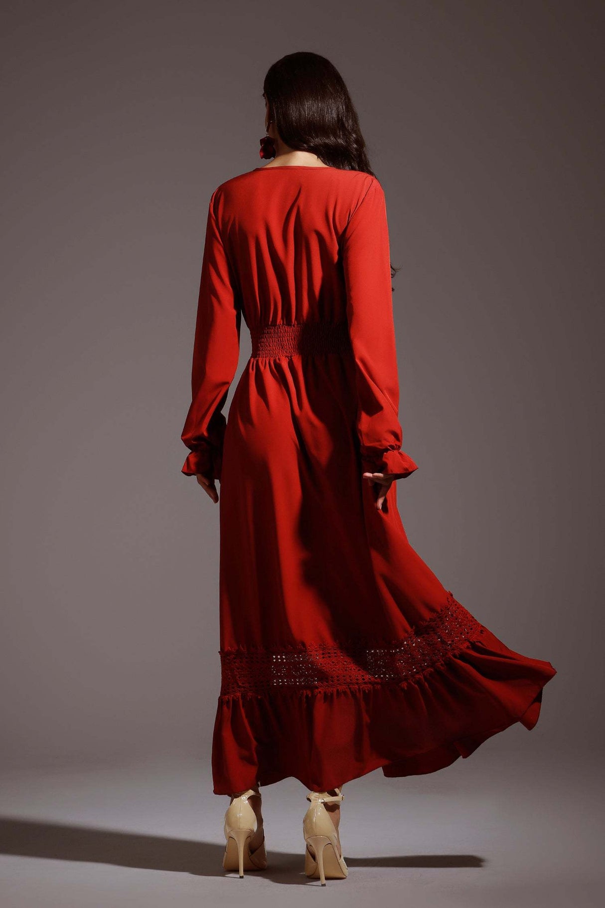 Elizabeth Red V-Neckline Smocked Waist Long Sleeve Dress