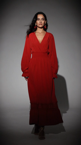 Elizabeth Red V-Neckline Smocked Waist Long Sleeve Dress