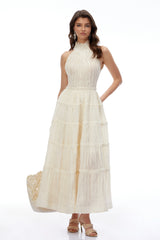 Elizabeth White Halterneck Frilled Maxi Dress