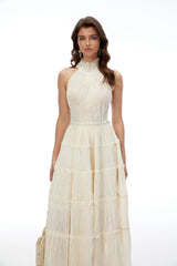 Elizabeth White Halterneck Frilled Maxi Dress