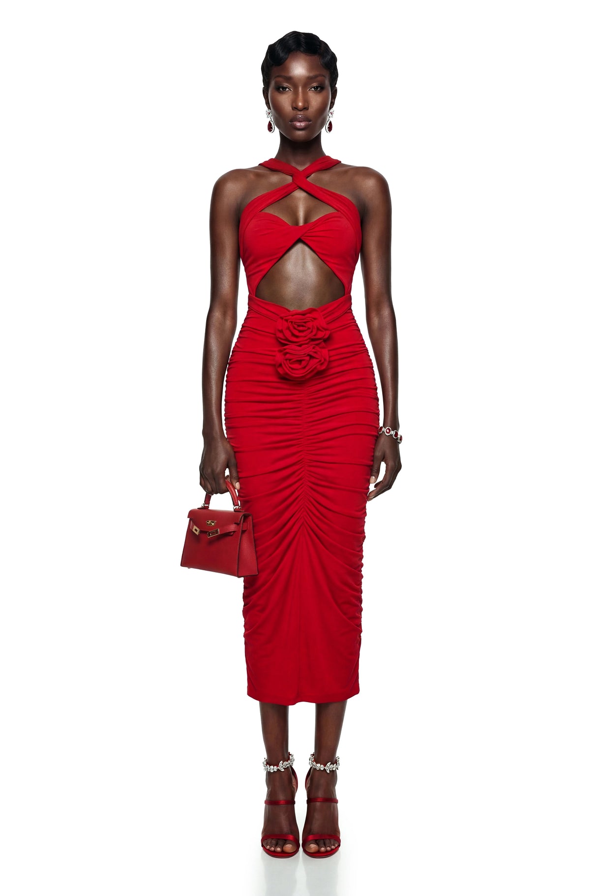 Elize Red Criss Cross Maxi Dress with 3D Petals