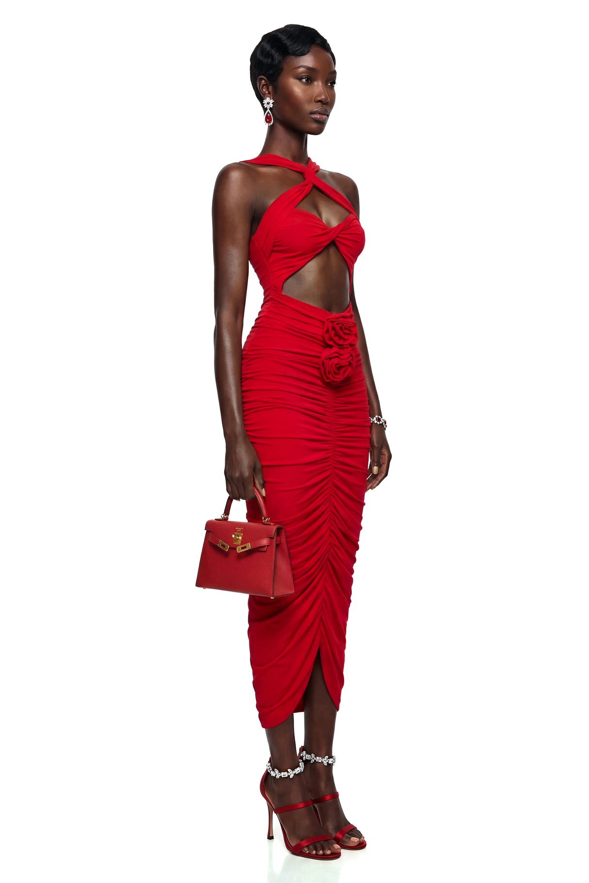 Elize Red Criss Cross Maxi Dress with 3D Petals