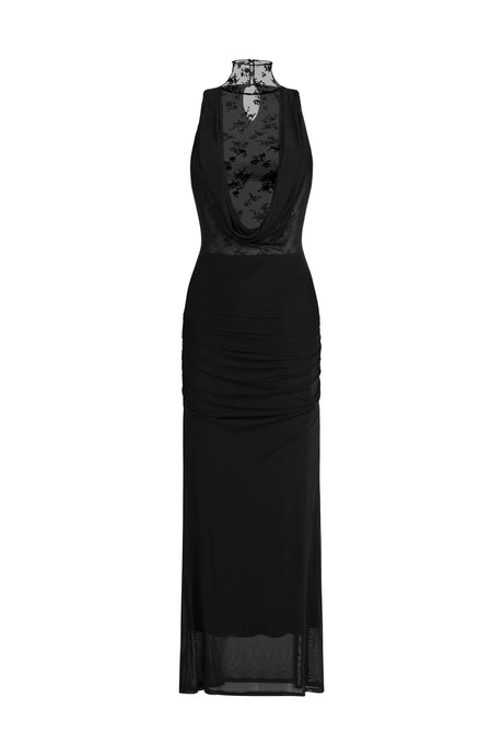 Ella Black Lace Halter Maxi Dress