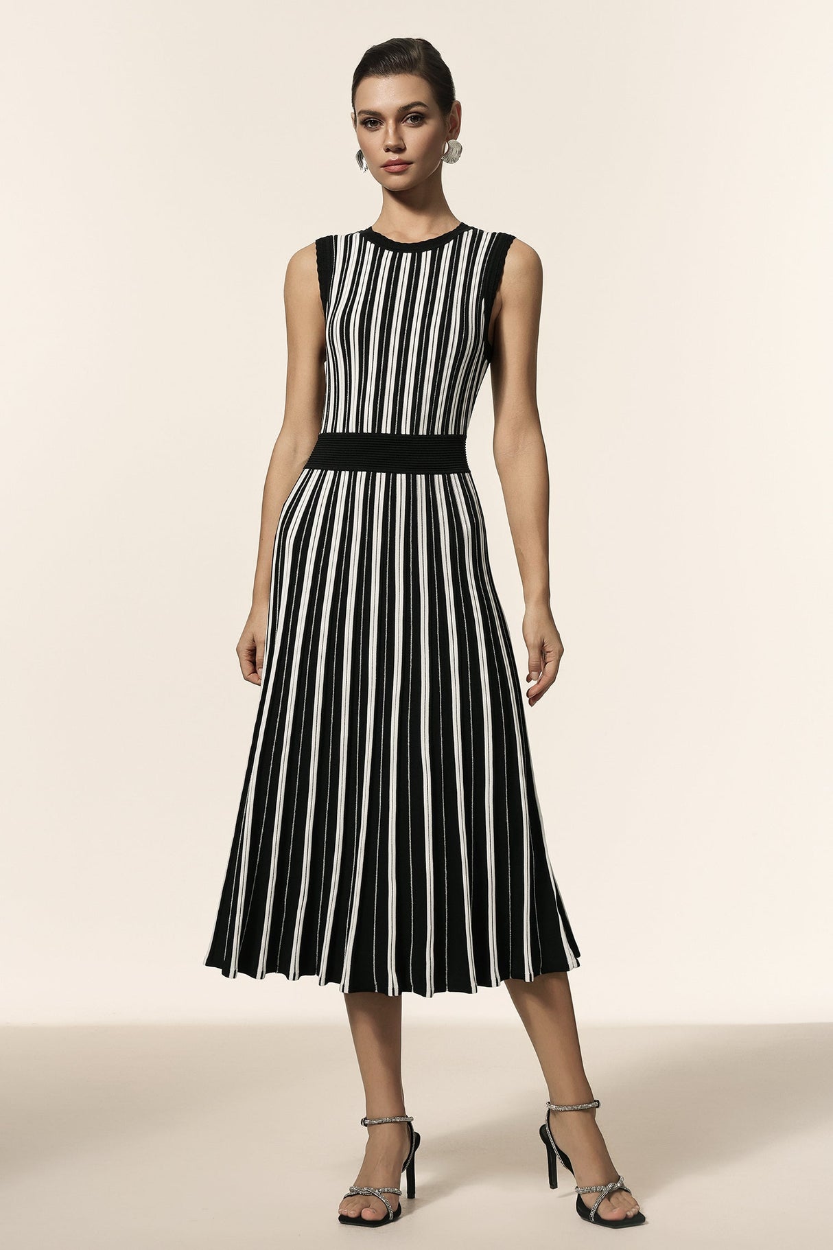 Ella Black Vertical Striped Sleeveless Midi Dress