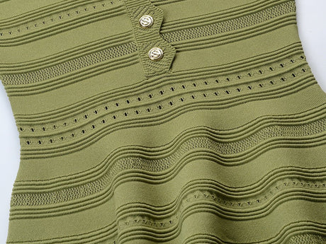 Ella Dress - A - Line Silhouette - Scalloped Neckline - Textured Striped Knitted Fabric - Decorative Button Detail