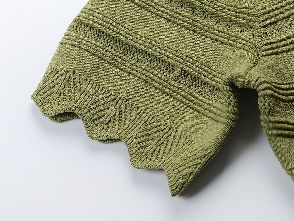 Ella Dress - A - Line Silhouette - Scalloped Neckline - Textured Striped Knitted Fabric - Decorative Button Detail