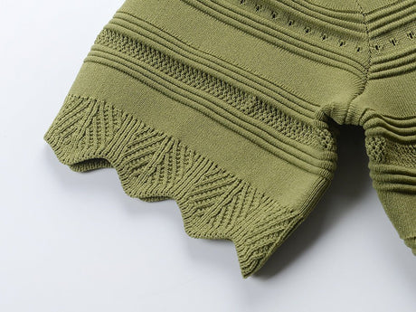 Ella Dress - A - Line Silhouette - Scalloped Neckline - Textured Striped Knitted Fabric - Decorative Button Detail