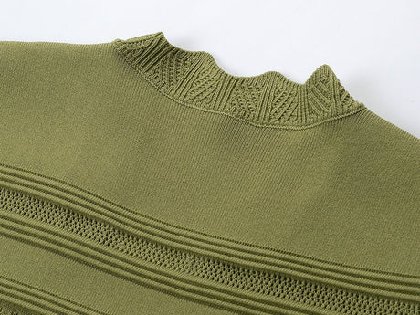 Ella Dress - A - Line Silhouette - Scalloped Neckline - Textured Striped Knitted Fabric - Decorative Button Detail